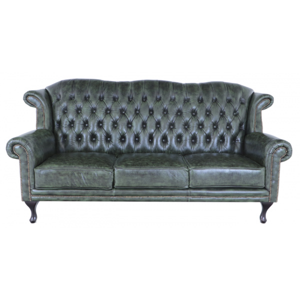 Pohovka trojmiestna Chesterfield Crown z pravej hovädzej kože Green